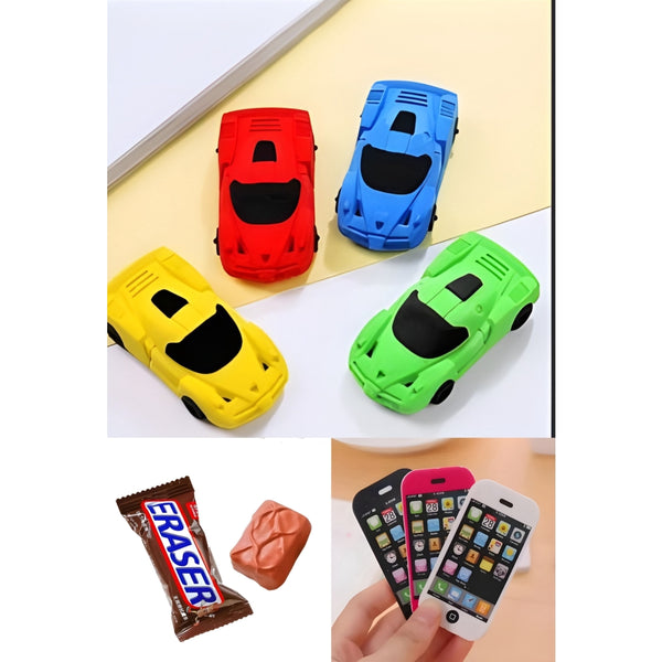 3D Mobile, Car & Chocolate Eraser Combo – Fun Stationery for Kids