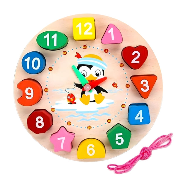 Wooden Learning Clock with Lacing - Montessori Learning Toy for Kids