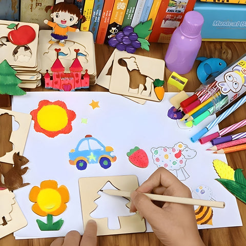 WOODEN STENCILS ART SET - 20 Stencils + Free Colour Kit